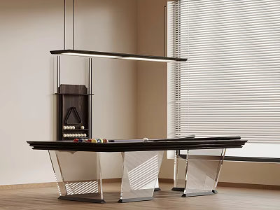 Stylish Billiard Table Interior With Transparent Legs Hanging Shelf And Window Blinds On Wooden Floor 3d model