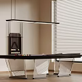 Stylish Billiard Table Interior With Transparent Legs Hanging Shelf And Window Blinds On Wooden Floor