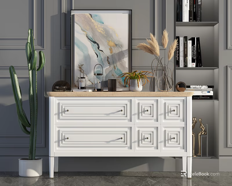 Elegant Entryway Console Table With Framed Artwork Potted Cactus Drawers And Decorative Items 3d model