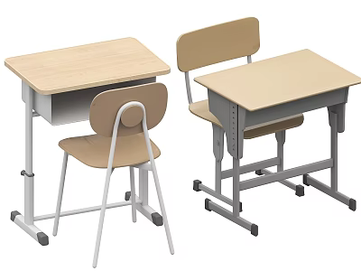 Adjustable Height Student Desk and Chair Set with Light Wood Tabletop and Gray Metal Frame 3d model