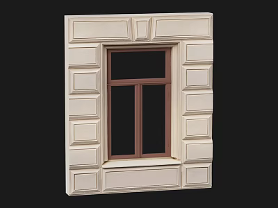 Traditional Decorative Casement Window With Beige Stone Frame And Brown Glass Panes 3d model