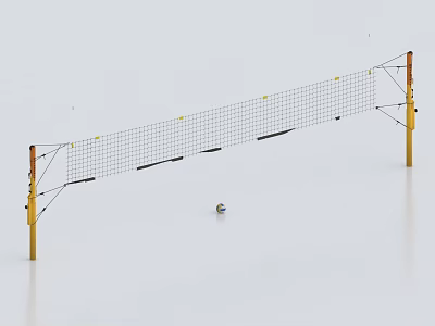 Volleyball Net Fence With Yellow Posts And Volleyball On Court Surface 3d model