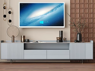 Modern Light Gray TV Stand With Storage Drawers TV And Decorative Items In Living Room 3d model