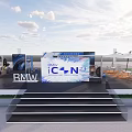Exhibition Booth With Car Display Screen Outdoor Seating And Umbrella Shade Setup