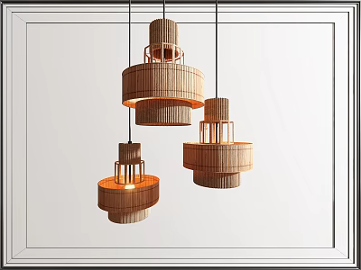 Three Woven Wooden Pendant Lights With Modern Design Hanging And Warm Light 3d model