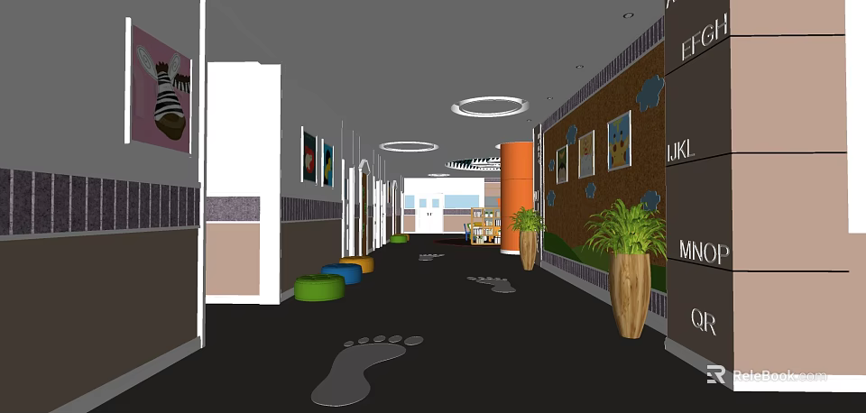 Elevator Corridor With Footprint Patterns Colorful Cushions Wall Paintings Orange Pillars And Green Plants 3d model 