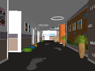 Elevator Corridor With Footprint Patterns Colorful Cushions Wall Paintings Orange Pillars And Green Plants 3d model