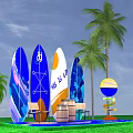 Vibrant Photo Check-in Spot with Colorful Surfboards Palm Trees and Wooden Barrels