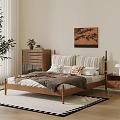 Wooden Double Bed With Striped Pillows Throw Pillows Nightstand Dresser And Decorative Painting