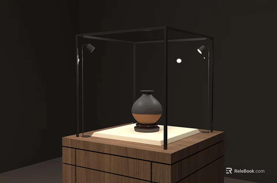 Glass Display Cabinet Shelf With Wooden Base For Ceramic Vase Display And Lighting 3d model 