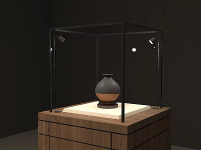 Glass Display Cabinet Shelf With Wooden Base For Ceramic Vase Display And Lighting 3d model