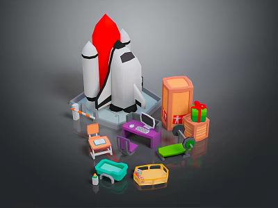 Colorful Toy Items Around White Rocket Model Including Boxes Chairs Bus And Tools 3d model