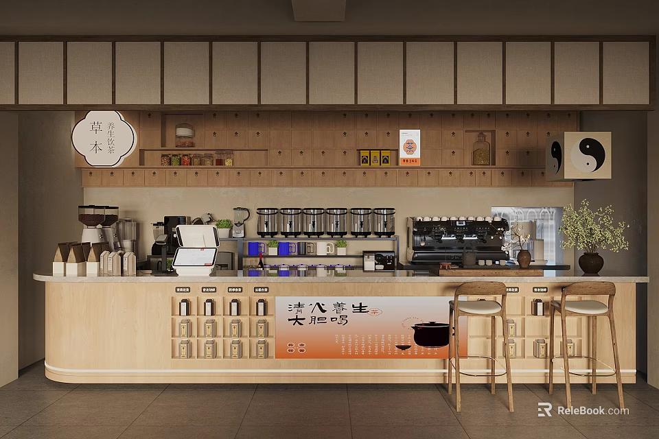 Cozy Cafe Interior With Wooden Bar Counter Coffee Equipment Tea Canisters Stools And Wall Decor 3d model 