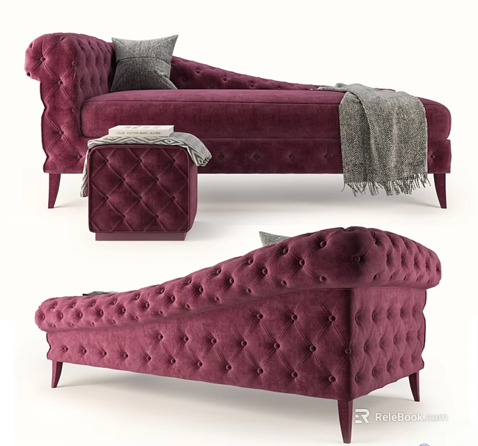 Plush Velvet Maroon Two Seater Sofa With Tufted Design Ottoman And Throw Blanket 3d model 