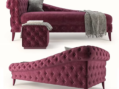 Plush Velvet Maroon Two Seater Sofa With Tufted Design Ottoman And Throw Blanket 3d model