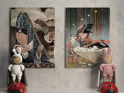 Decorative Wall Featuring Art Paintings And Rabbit Dolls For Room Decor 3d model