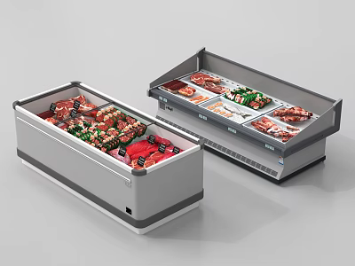 Commercial Display Freezers Stocked With Fresh Meat Vegetables And Food Items For Retail Store 3d model