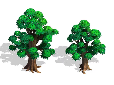 Two Green Trees with Lush Foliage and Brown Trunks in Different Sizes 3d model