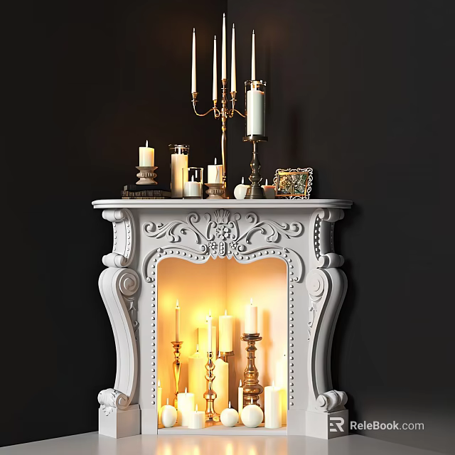 Elegant White Ornate Carved Fireplace Interior With Candelabra Lit Candles And Decorative Items 3d model 