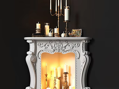 Elegant White Ornate Carved Fireplace Interior With Candelabra Lit Candles And Decorative Items 3d model