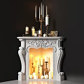 Elegant White Ornate Carved Fireplace Interior With Candelabra Lit Candles And Decorative Items