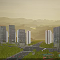 Aerial Urban Planning View With Modern Skyscrapers Roads Greenery And Mountain Sunset
