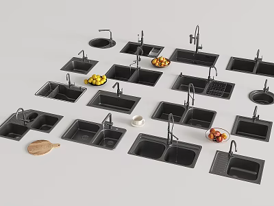 Various Styles Of Modern Kitchen Sinks With Faucets And Kitchen Accessories 3d model