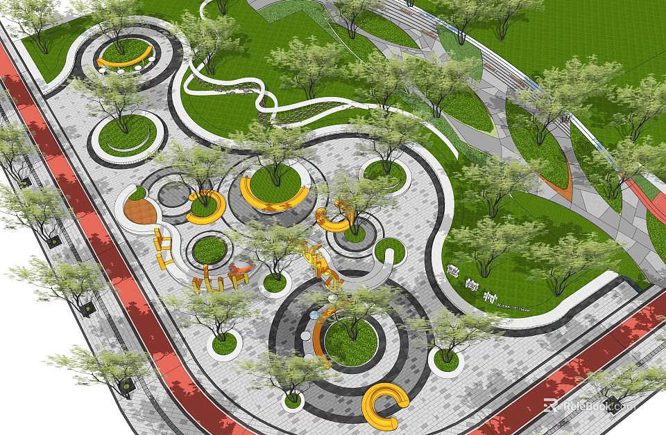 Park Landscape With Circular Designs Green Lawns Curved Paths Yellow Seats Red Walkways And Trees 3d model 