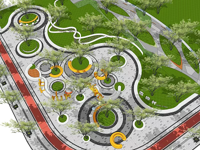 Park Landscape With Circular Designs Green Lawns Curved Paths Yellow Seats Red Walkways And Trees 3d model