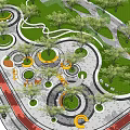 Park Landscape With Circular Designs Green Lawns Curved Paths Yellow Seats Red Walkways And Trees