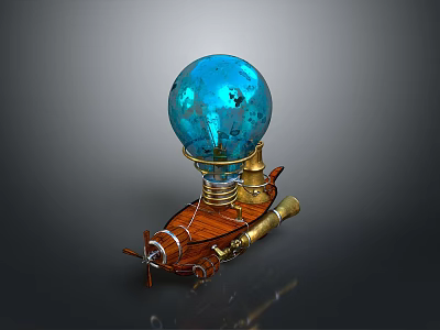 Cosmic Steampunk Spacecraft With Blue Celestial Sphere And Wooden Brass Propellers 3d model
