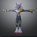 Anthropomorphic Wolf Character With Blue White Fur Blue Pants Skull Design Pink Claws Arms Outstretched