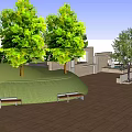 Park Landscape With Modern Stone Structure Water Pool Trees Steps And Wooden Deck 3d model