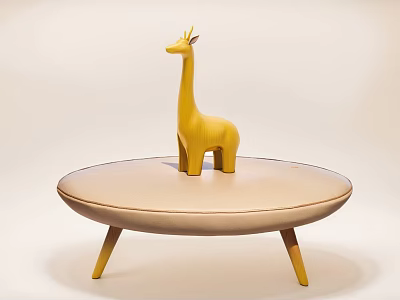 Yellow Wooden Giraffe Doll Placed On Round Beige Table With Thin Legs 3d model