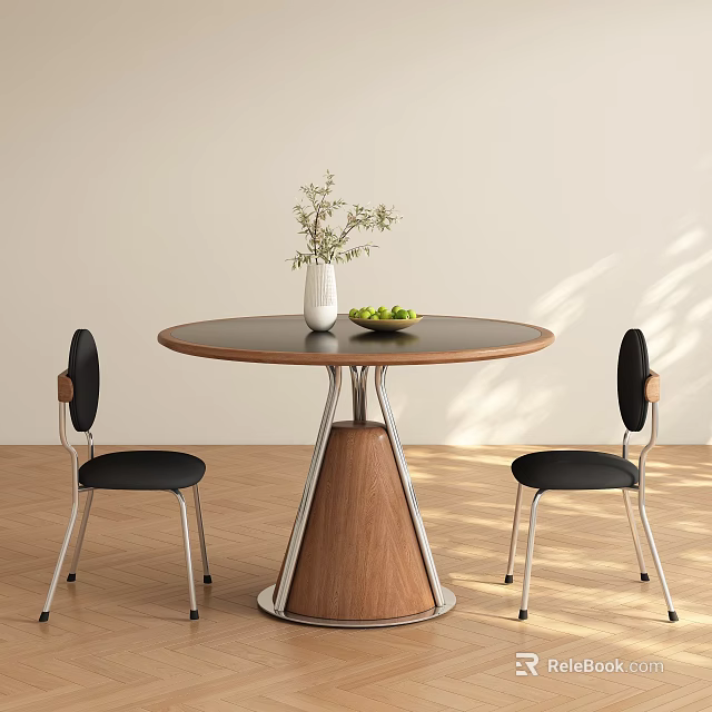Round Dining Set With Wooden Legs Metal Base Black Chairs Vase And Fruit Bowl 3d model 