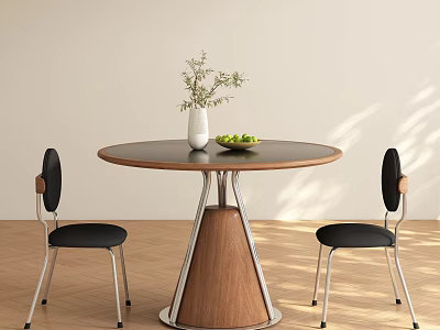 Round Dining Set With Wooden Legs Metal Base Black Chairs Vase And Fruit Bowl 3d model