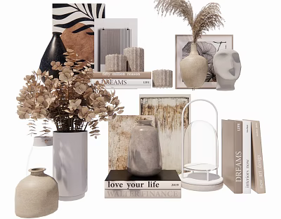 Elegant Modern Decorative Ornament Combination With Vases Books Sculptures And Dried Flowers 3d model