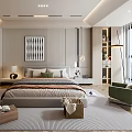 Modern Bedroom Interior Design With Large Bed Nightstands Decorative Painting And Green Chair
