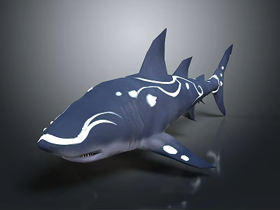 Blue And White Patterned Shark With Curved Lines Swimming In Deep Sea Water 3d model