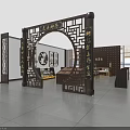 Traditional Chinese Style Specialty Store Interior With Wooden Arch Display Shelves Cabinets And Decorative Carvings