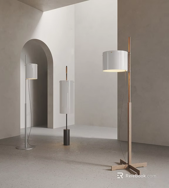 Modern Floor Lamps With Cylindrical Shades Metallic Bases In Indoor Archway Background Gray Walls Floors 3d model 