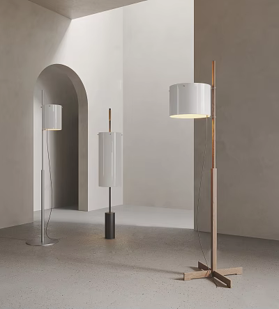 Modern Floor Lamps With Cylindrical Shades Metallic Bases In Indoor Archway Background Gray Walls Floors 3d model