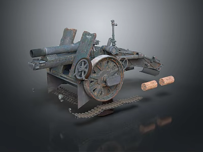 Vintage Military Cannon With Iron Wheels Barrel Chain And Ammunition Shells 3d model