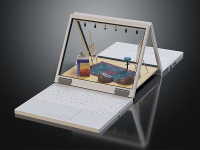 Unique Laptop Design With Transparent Screen Showing Miniature Interior Scene And Furniture 3d model