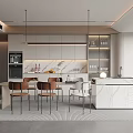 Modern Restaurant Interior With Open Kitchen Island Counter Dining Table And Chairs