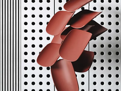 Modern Red Irregular Sheet Like Sculpture Mounted On Dotted And Striped Background Panel 3d model