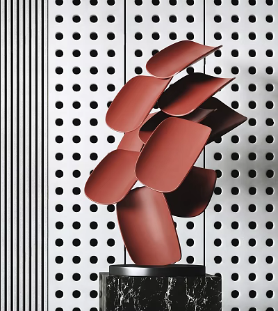 Modern Red Irregular Sheet Like Sculpture Mounted On Dotted And Striped Background Panel 3d model