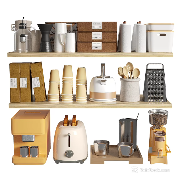 Essential Kitchen Food Prep Tools With Coffee Maker Toaster Cups Grinder Boxes 3d model