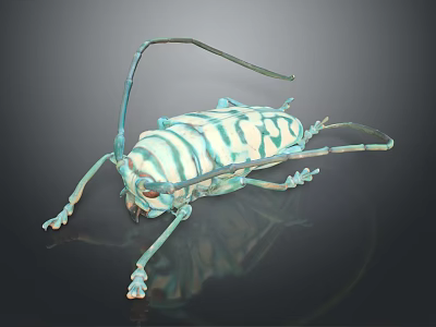 Turquoise Striped Flying Beetle With Long Antennae Shiny Body And Dark Background 3d model