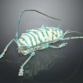 Turquoise Striped Flying Beetle With Long Antennae Shiny Body And Dark Background